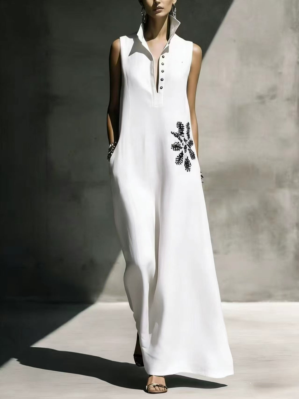 Robe lin-coton col Mandarin motif floral