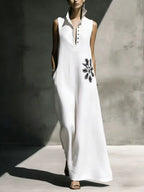 Robe lin-coton col Mandarin motif floral