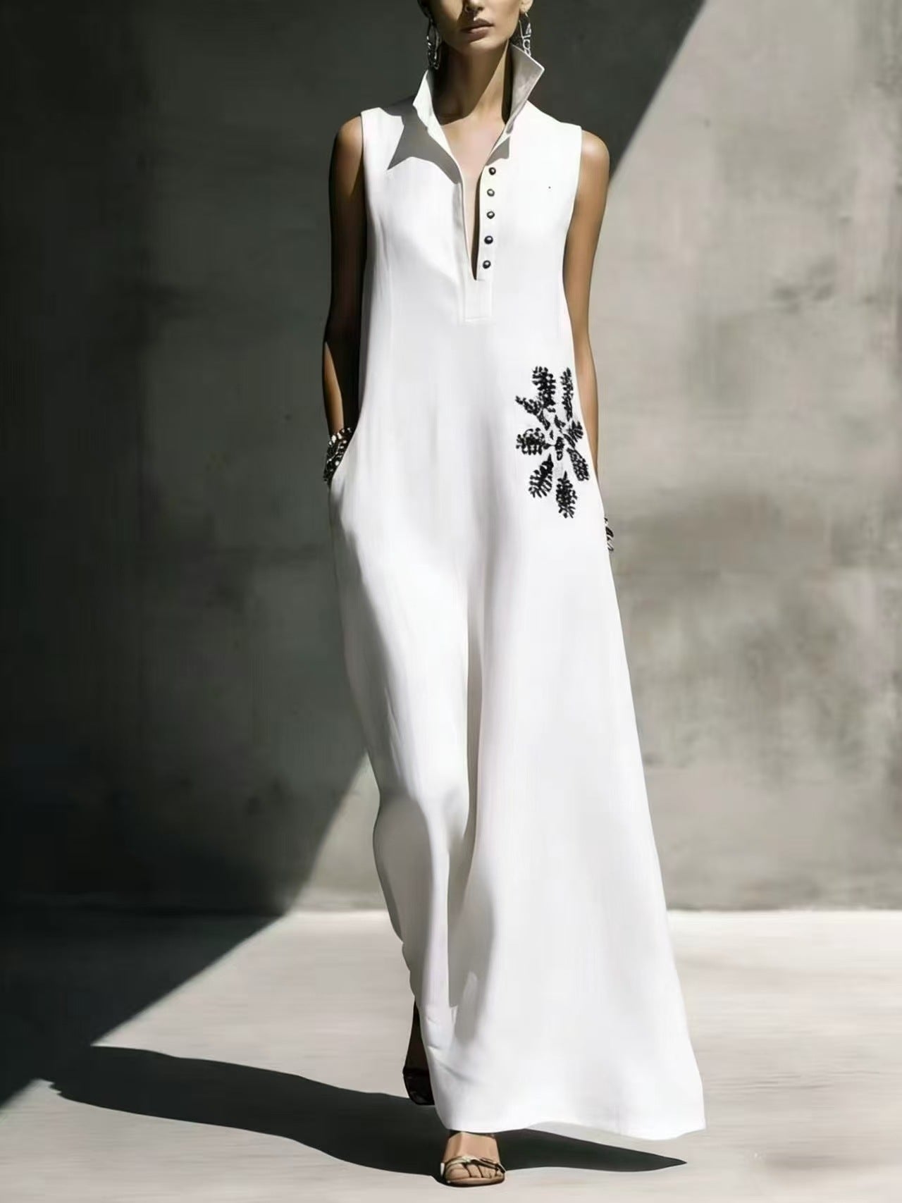 Robe lin-coton col Mandarin motif floral