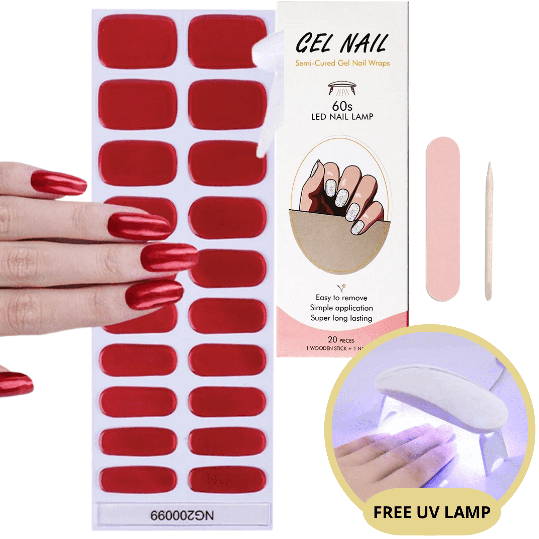 Autocollants ongles gel rouges, kit manucure avec lampe LED UV gratuite, lime à ongles et bâtonnet en bois, application facile, longue tenue.