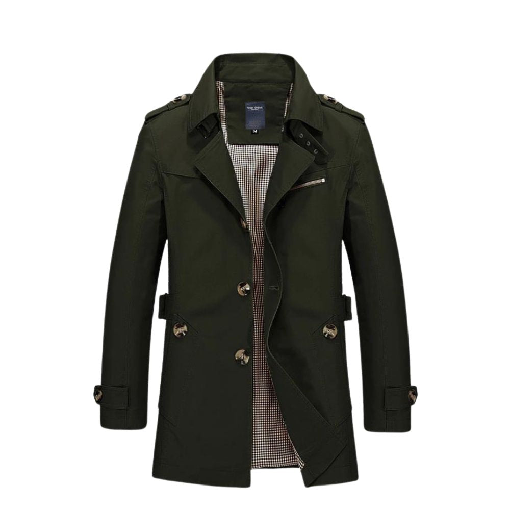 Manteau trench-coat homme vert foncé, boutons marron, doublure à carreaux, style élégant et classique, mode automne-hiver, vêtement chic.