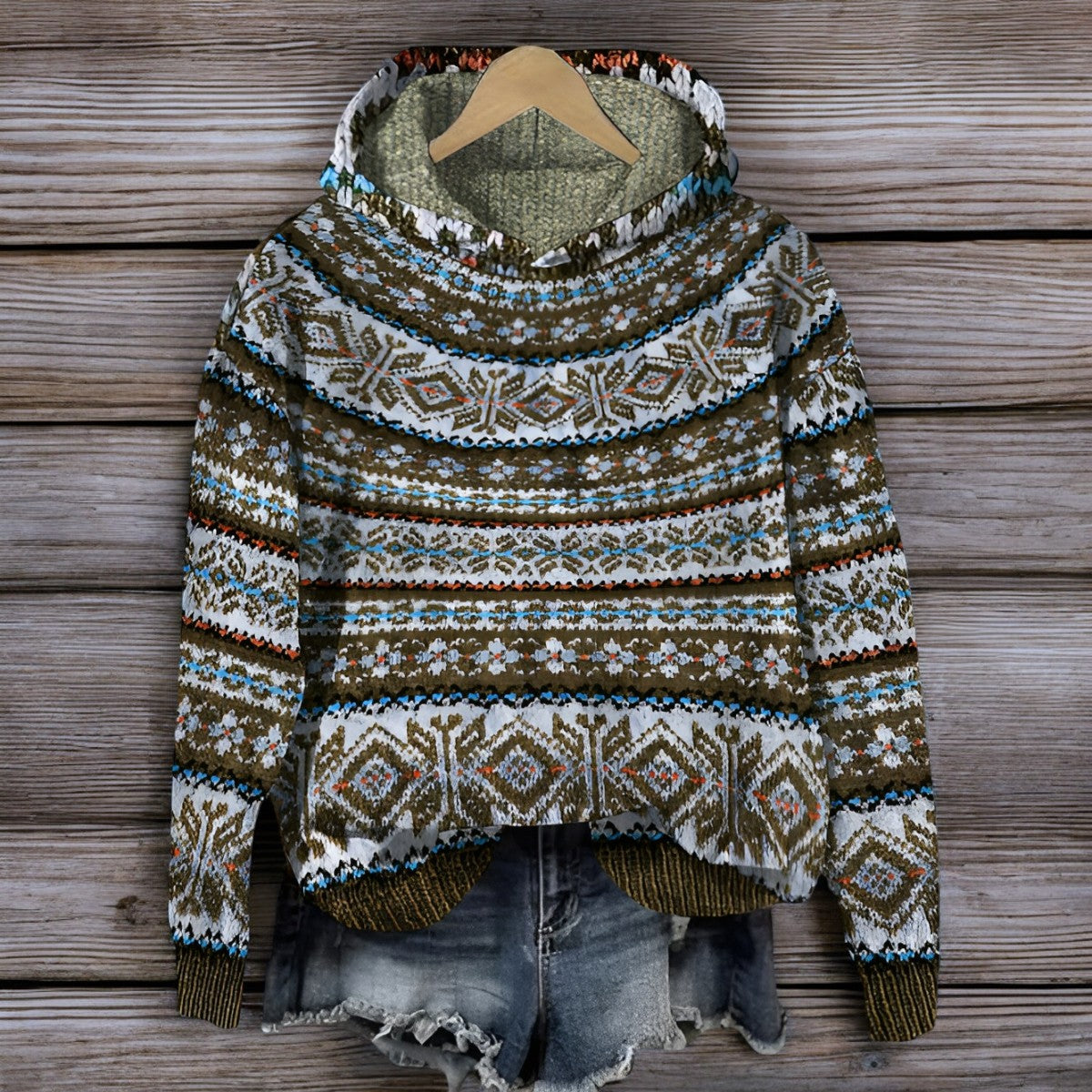 Pull-over en laine à motifs nordiques suspendu sur un cintre en bois, accompagné d'un short en jean déchiré, sur fond de planches en bois.