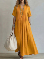 Robe lin coton longueur maxi, col V et fronces