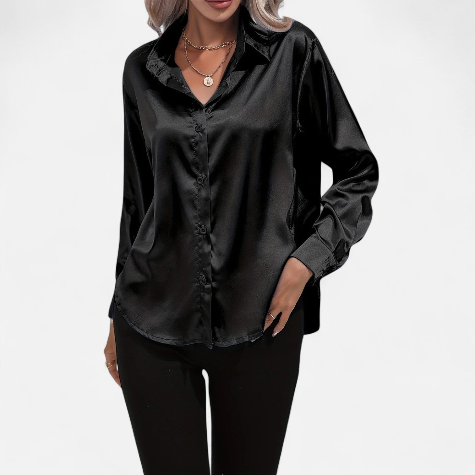 Chemisier boutonné en satin pour femme – Chemise classique à manches longues et revers