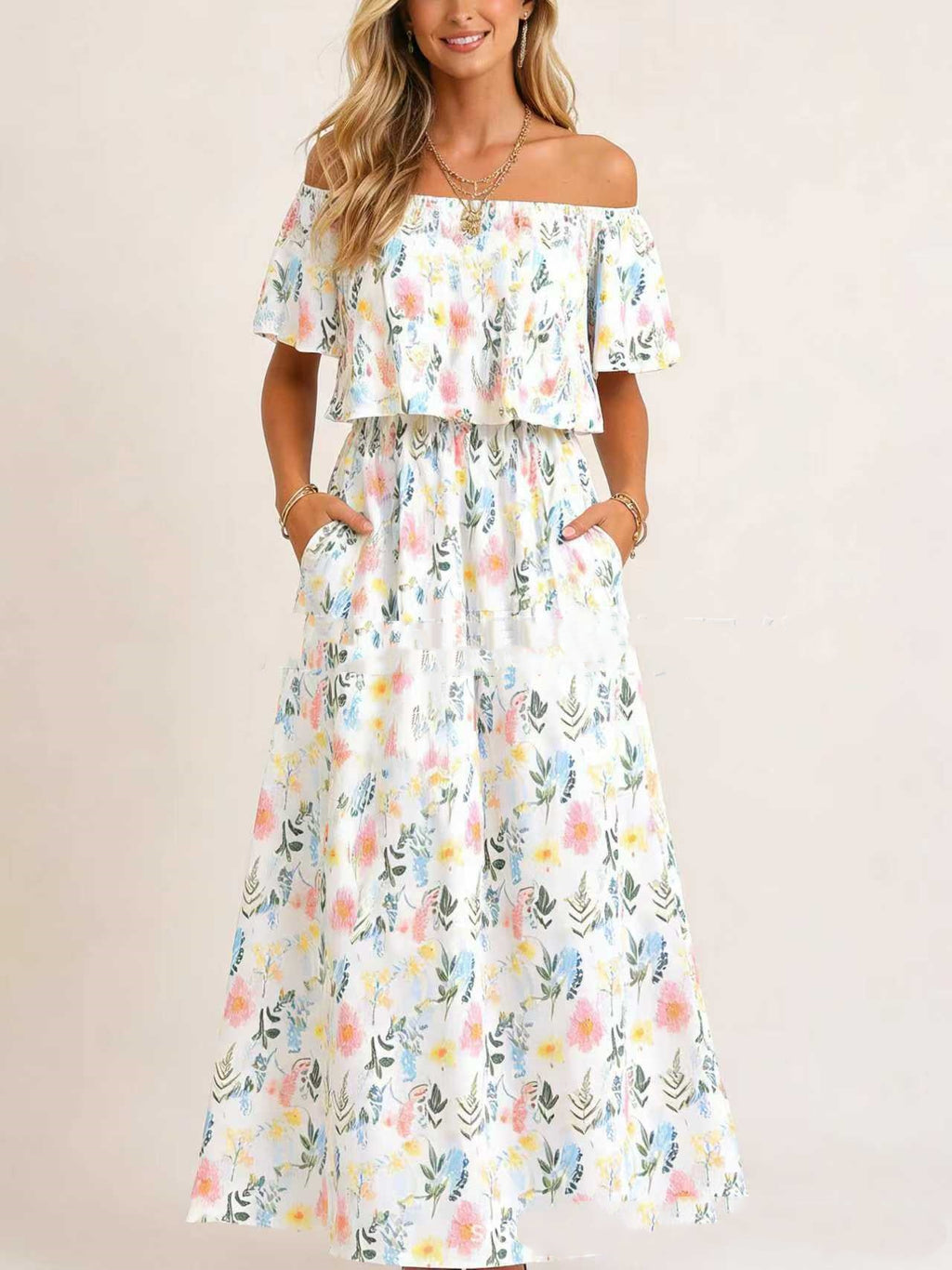 Robe longue à épaules dénudées, imprimée et confortable
