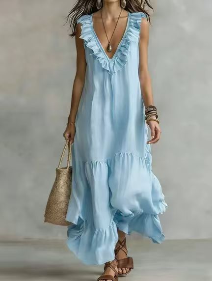 Robe longue dentelle casual fluide sans manches