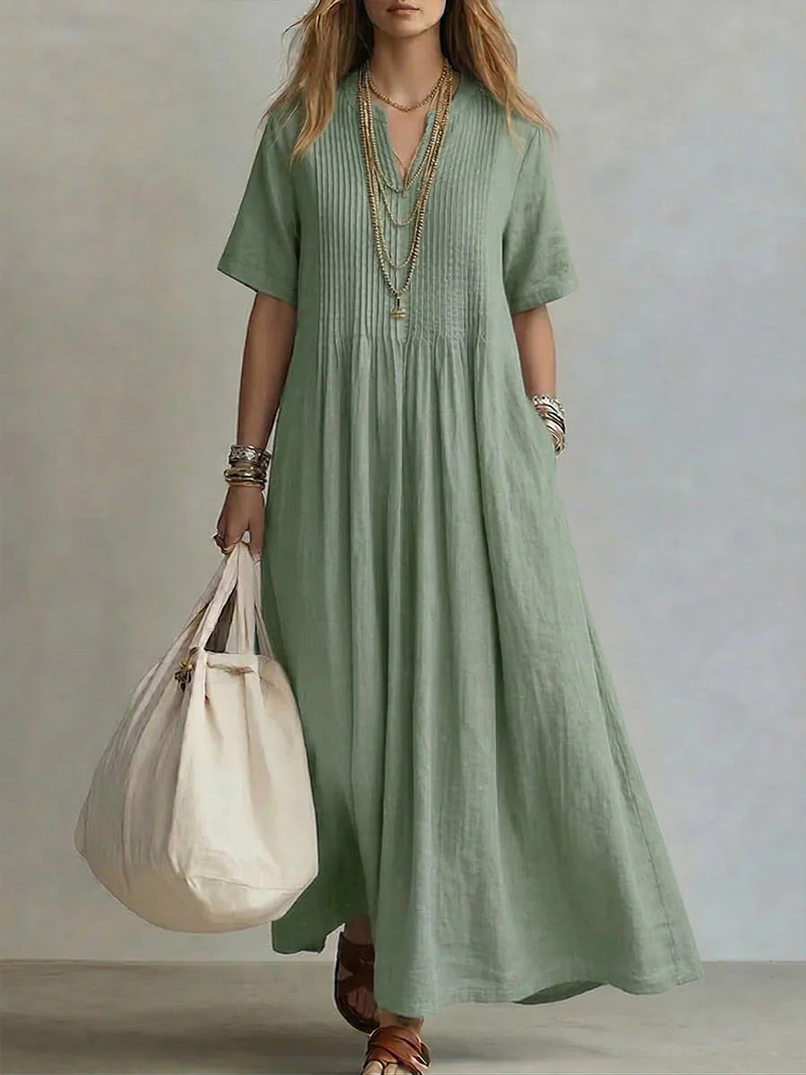 Robe lin coton longueur maxi, col V et fronces
