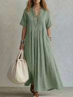 Robe lin coton longueur maxi, col V et fronces