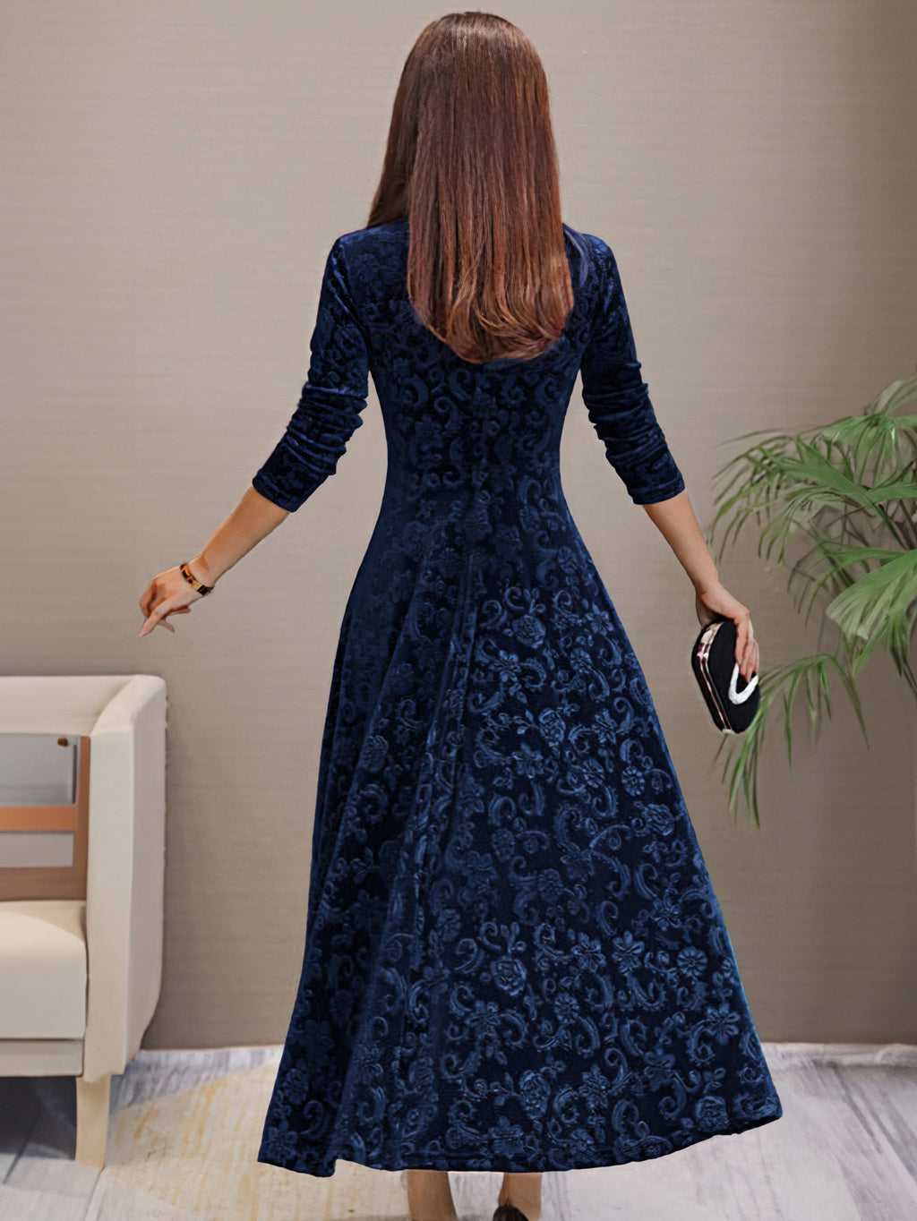 Robe en velours à col en V pour femmes - idéale pour l'automne