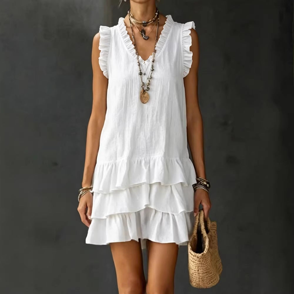Robe fluide col V volants - Coupe ample midi
