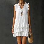 Robe fluide col V volants - Coupe ample midi
