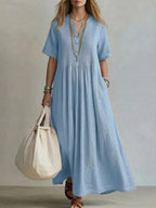 Robe lin coton longueur maxi, col V et fronces