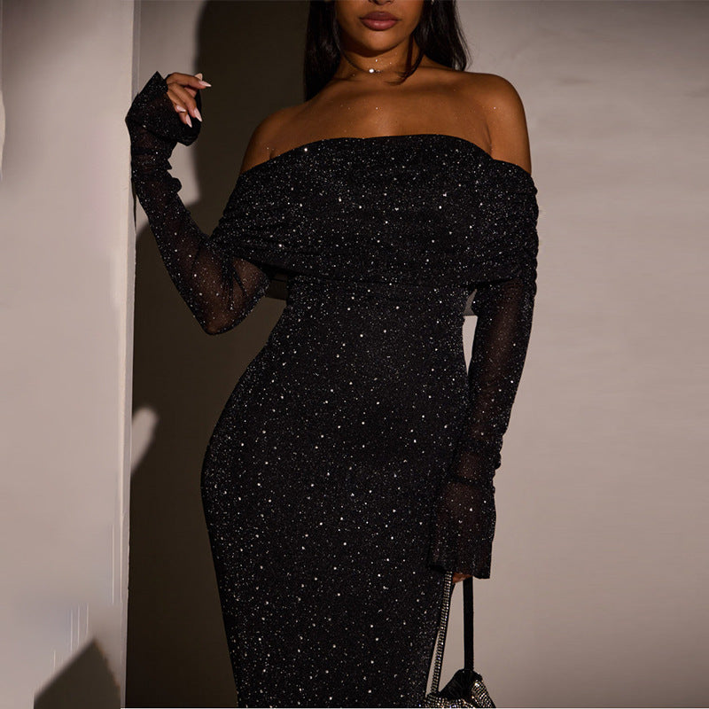 FrenchLiz - Robe pailletée à épaules dénudées pour femme, édition automne