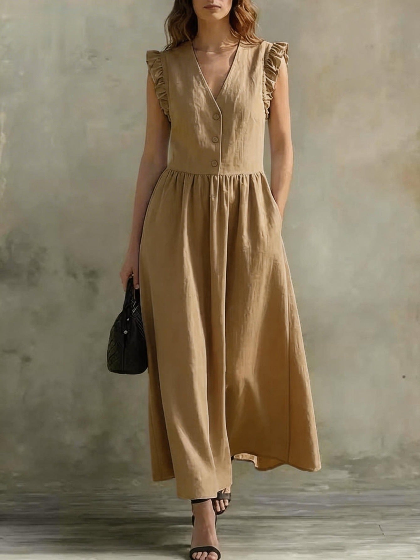 Linen and cotton wrap dress, loose fit with pockets