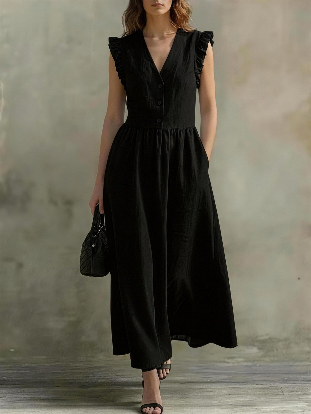 Linen and cotton wrap dress, loose fit with pockets