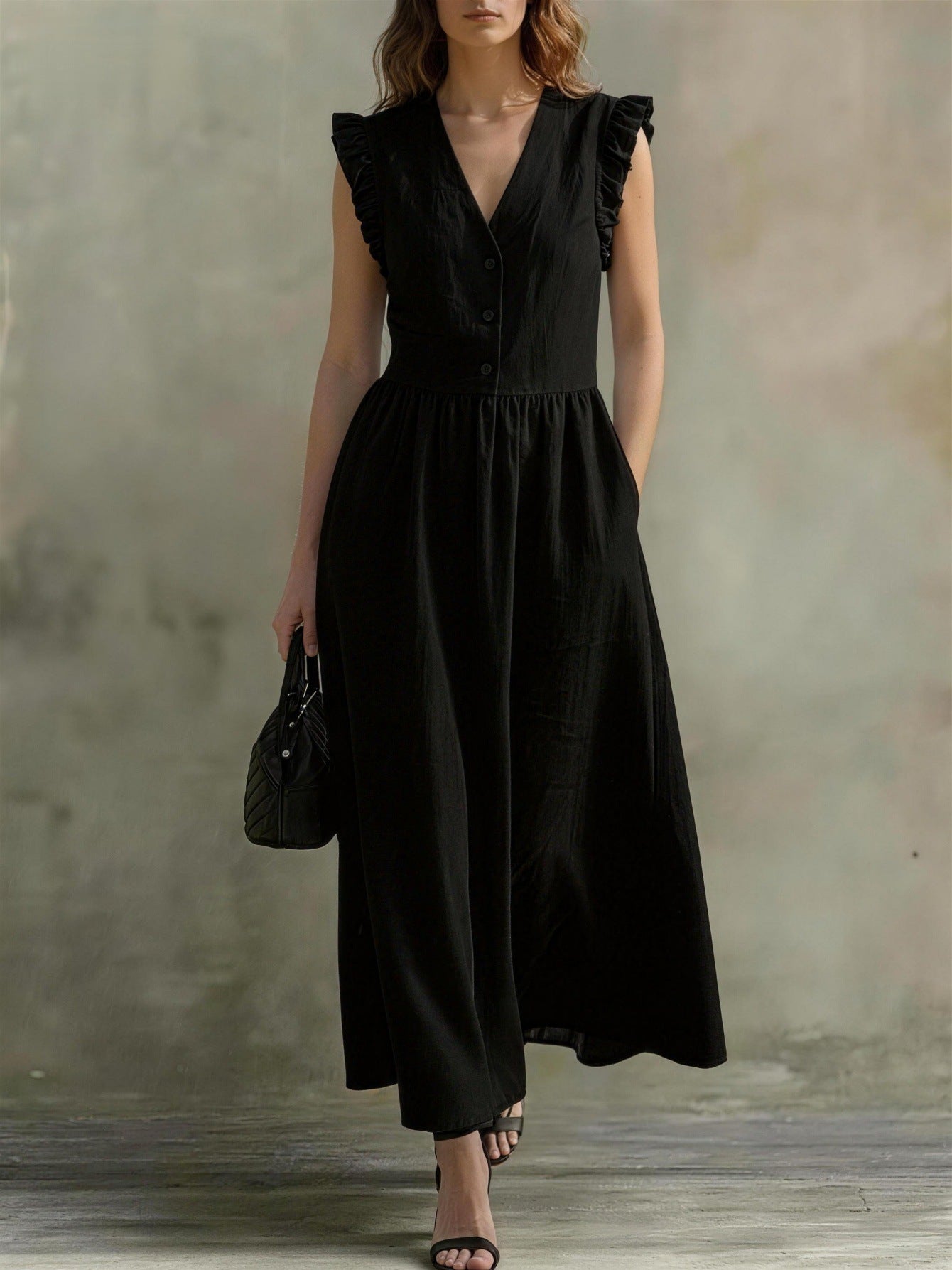 Linen and cotton wrap dress, loose fit with pockets