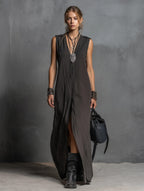 Robe longue fendue à encolure V, coupe ample