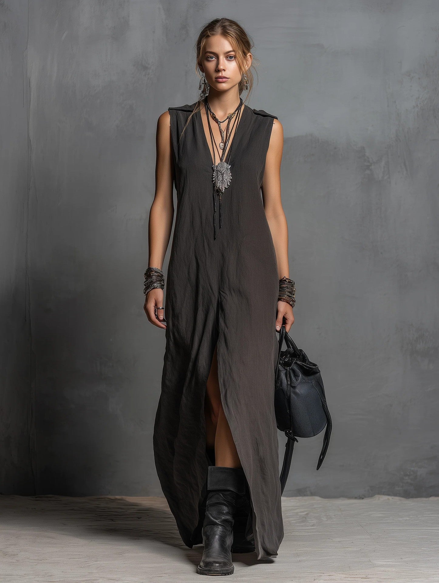 Robe longue fendue à encolure V, coupe ample