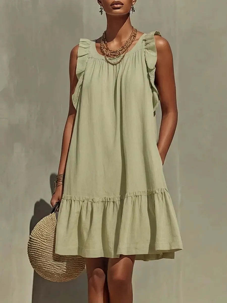 Robe droite sans manches, col rond et volants