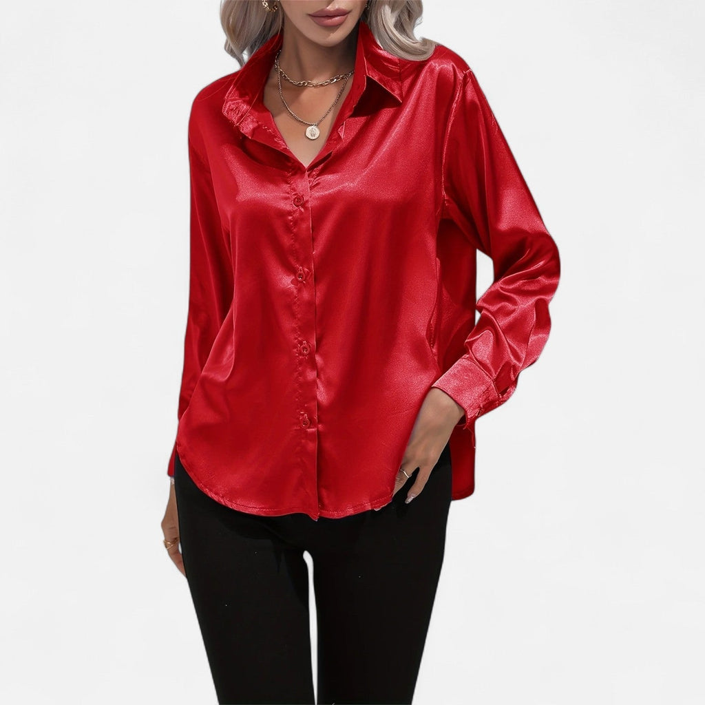 Chemisier boutonné en satin pour femme – Chemise classique à manches longues et revers