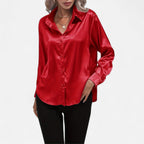 Chemisier boutonné en satin pour femme – Chemise classique à manches longues et revers