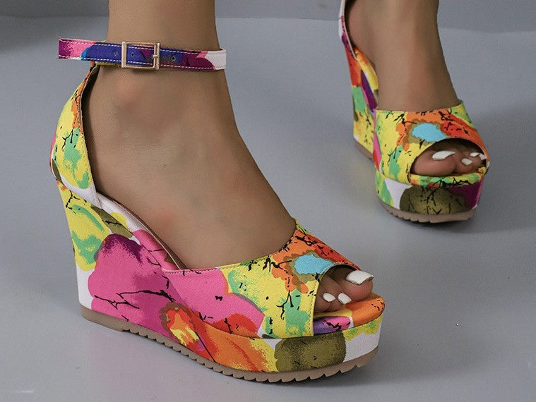 Multicoloured open-toe wedge shoe
