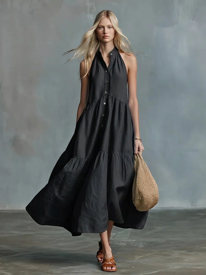 Robe-chemise lin et coton, coupe ample sans manches