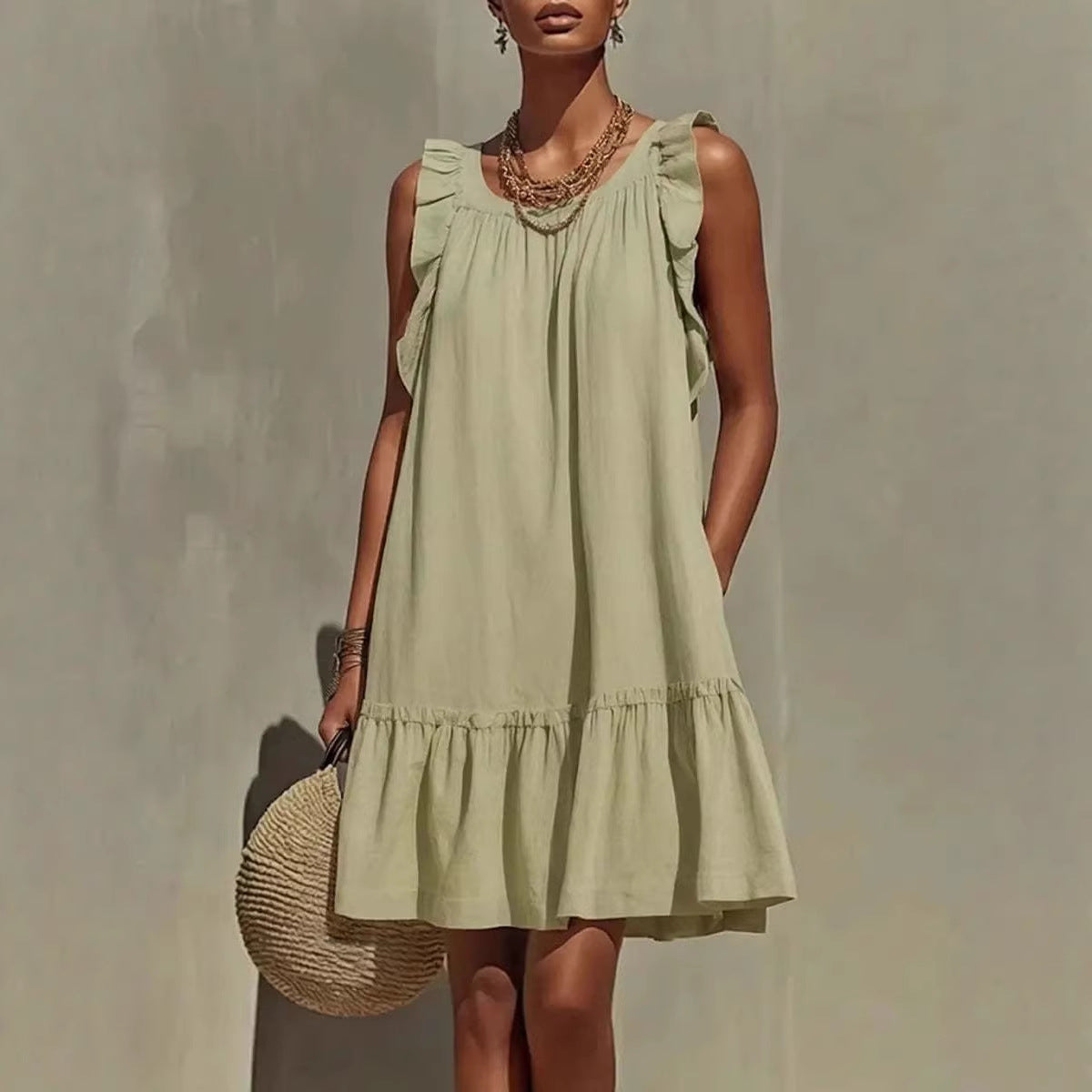 Robe droite sans manches, col rond et volants