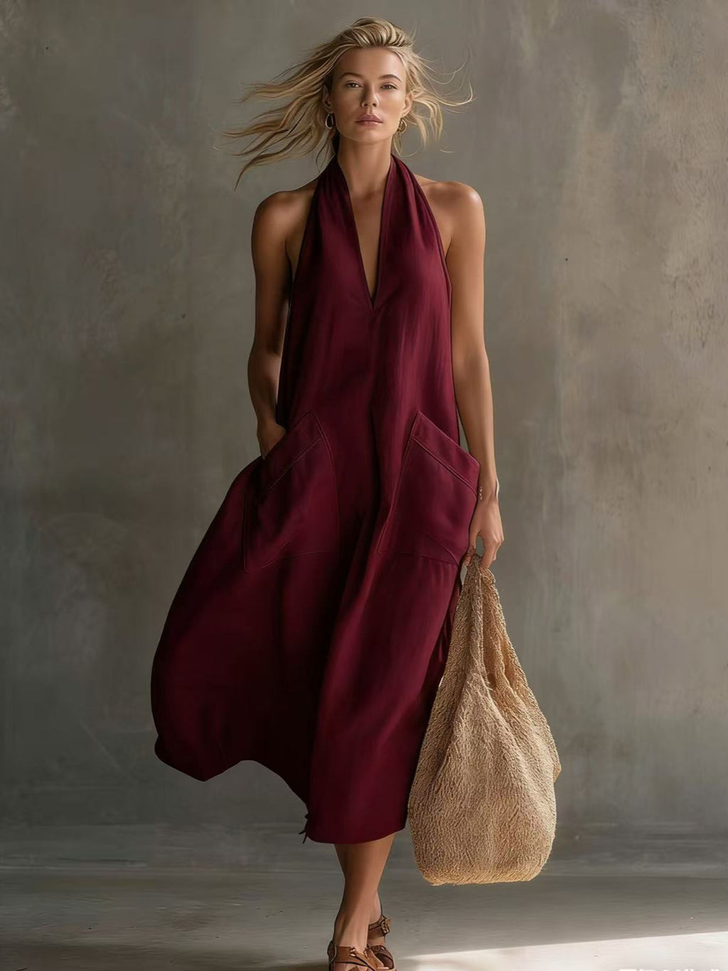 Robe lin col V sans manches — Coupe décontractée