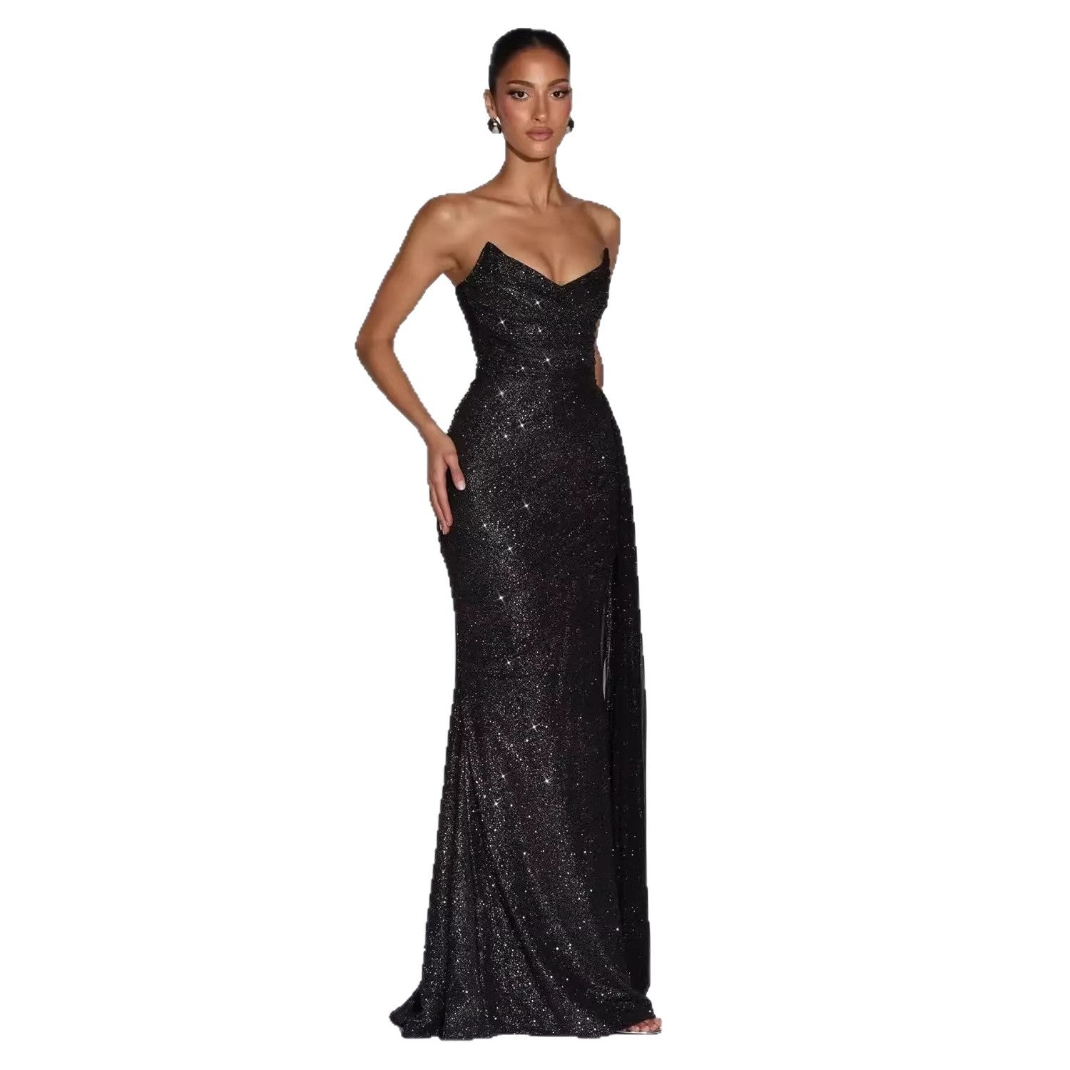 Sequin evening dress with side slit