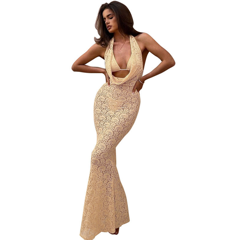Robe cache-cœur dentelle abricot sans manches