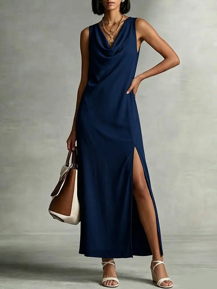 Robe fluide col drapé fendu lin polyester