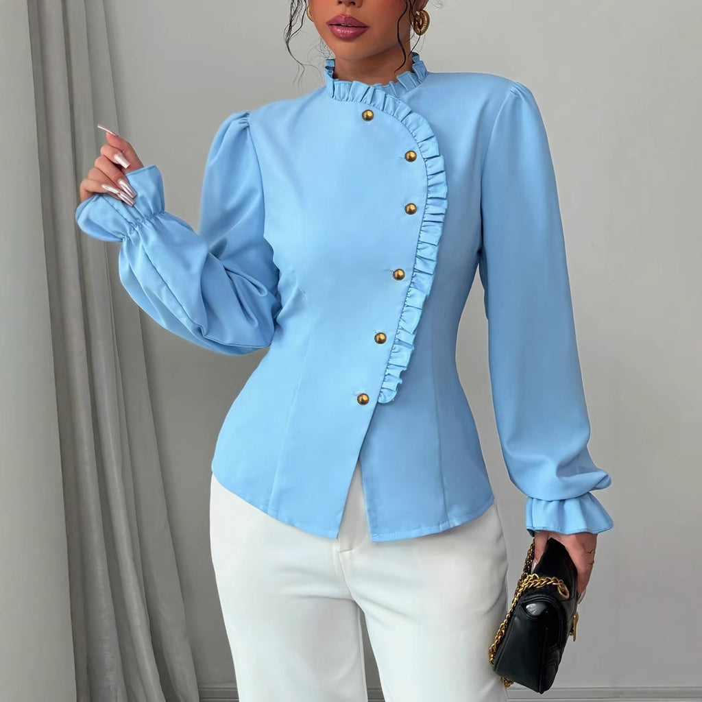 Chemisier élégant à manches longues et col boutonné asymétrique