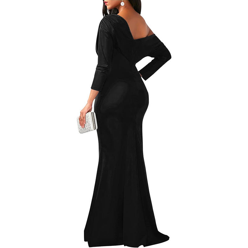 Elegant long oblique shoulder evening dress