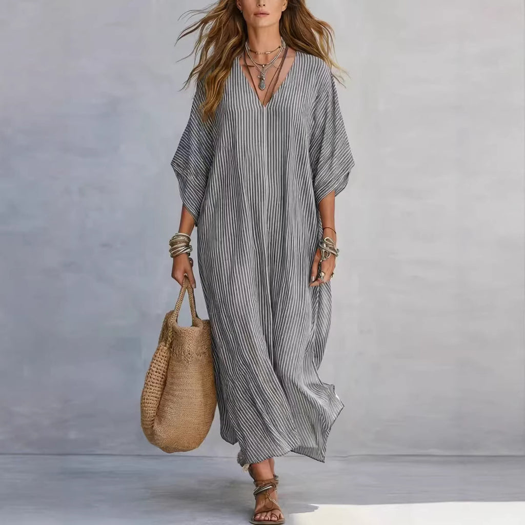 Robe longue rayée col V - Coupe ample et confortable