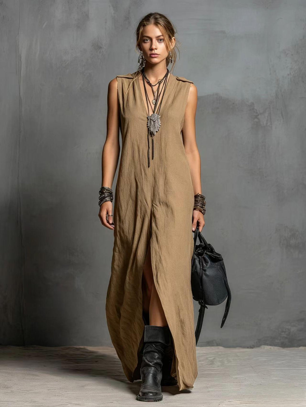 Robe longue fendue à encolure V, coupe ample