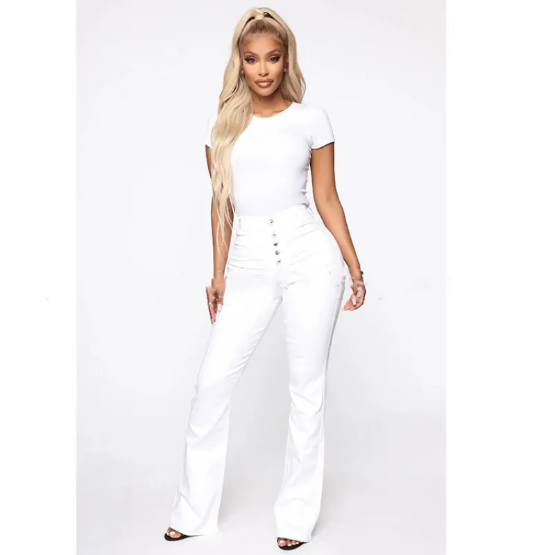 Jeans slim taille haute à bouton et bas évasé - Chic&Shines