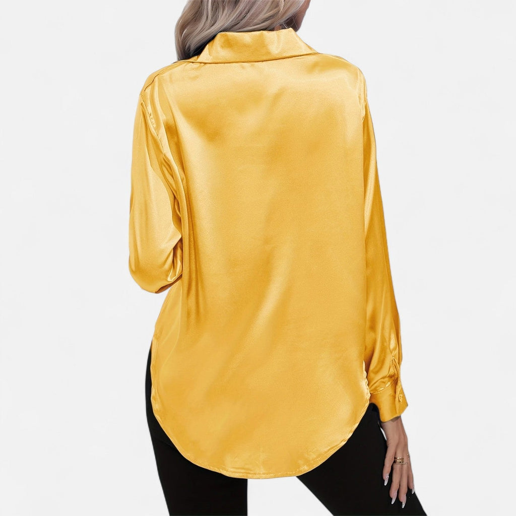 Chemisier boutonné en satin pour femme – Chemise classique à manches longues et revers