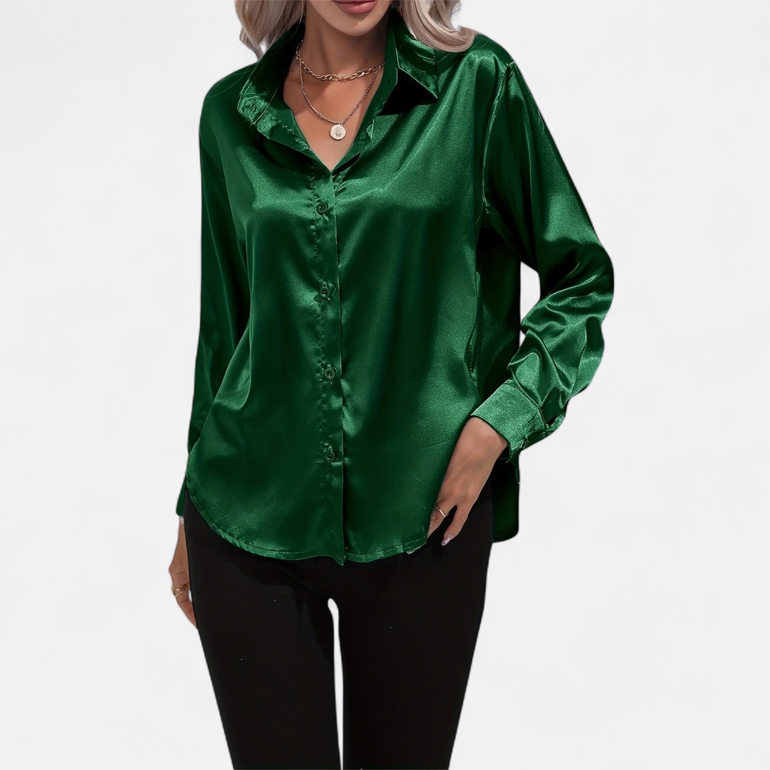 Chemisier boutonné en satin pour femme – Chemise classique à manches longues et revers