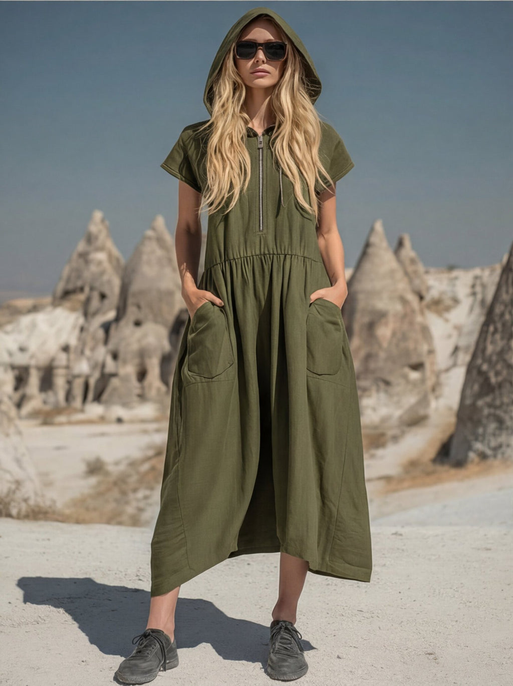 Robe midi à capuche et demi-zip