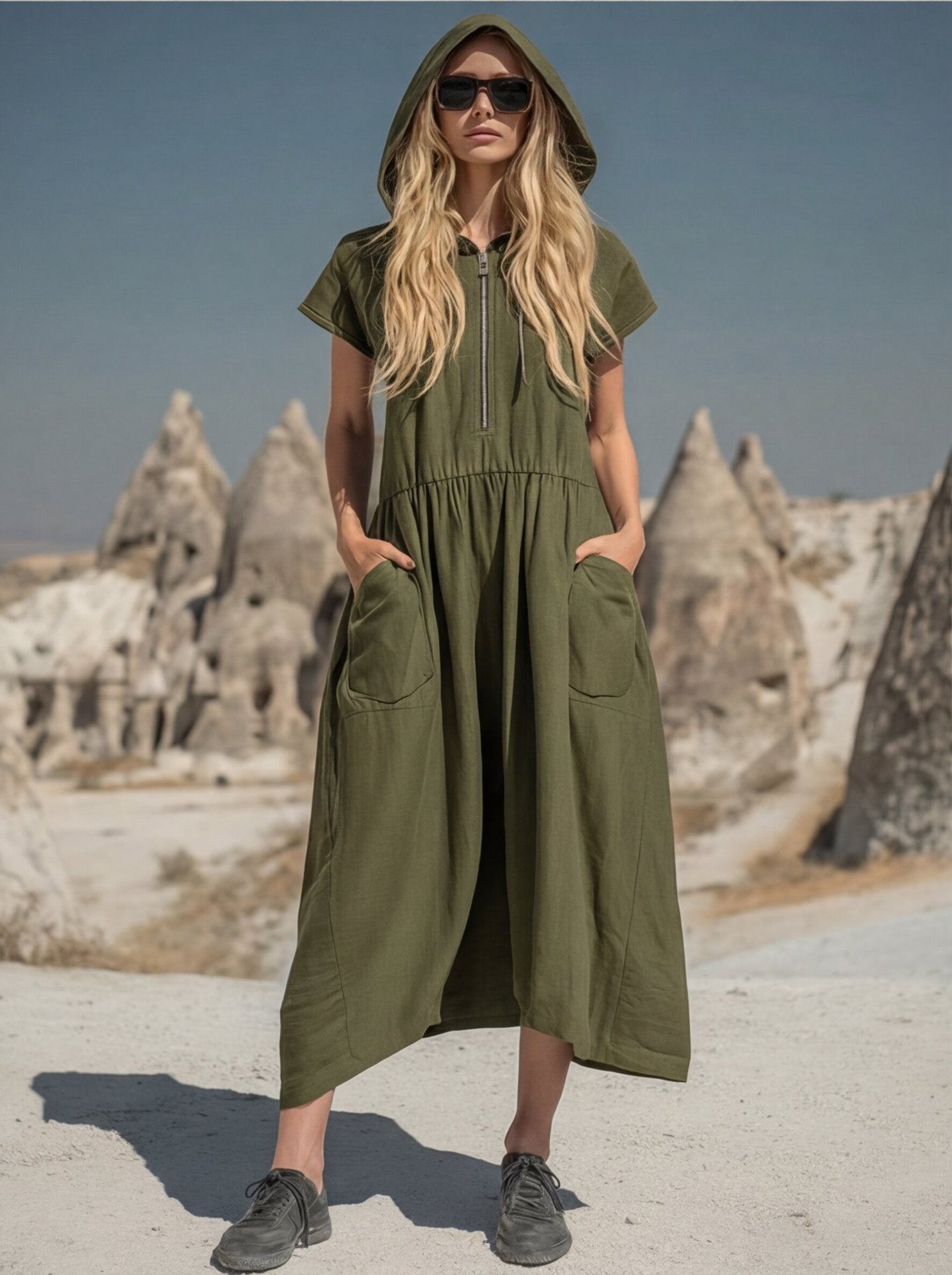 Robe midi à capuche et demi-zip