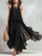 Asymmetric black sleeveless maxi dress