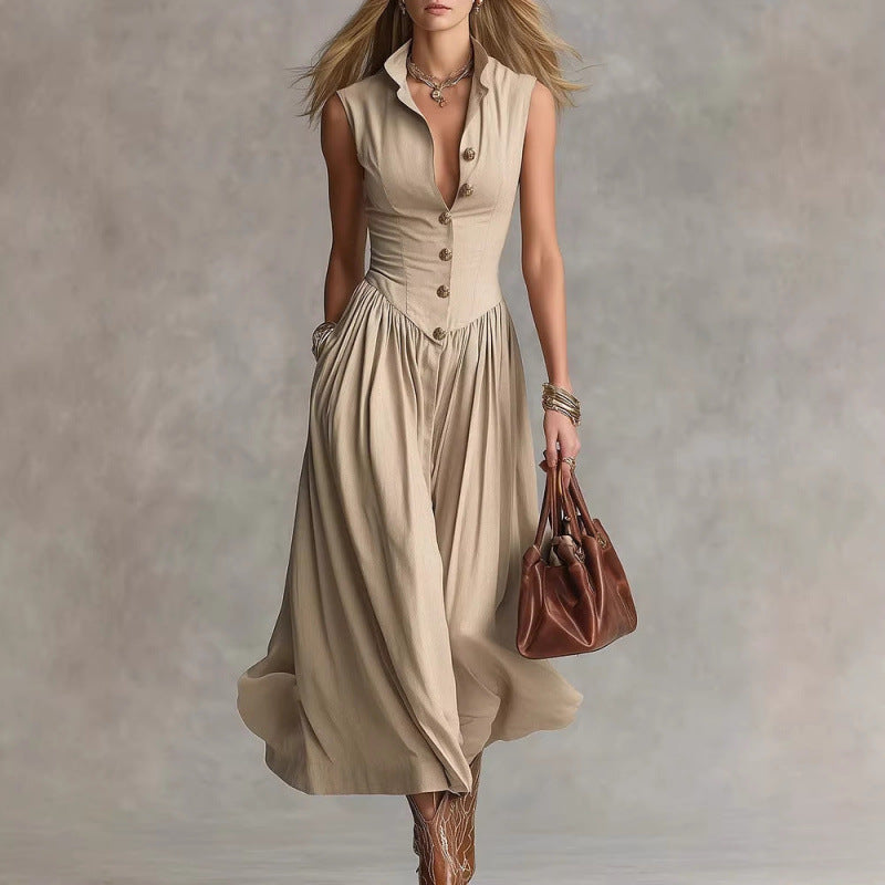 Robe longue épurée à col tailleur et patchwork