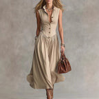Robe longue épurée à col tailleur et patchwork