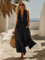 Robe Rétro Col V Poches et Manches Bouffantes