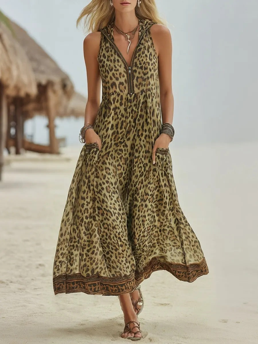 Robe midi sans manches imprimé léopard