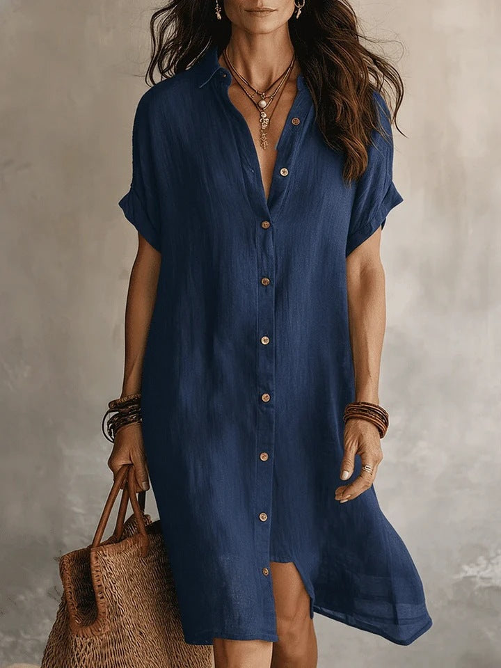 Robe midi unie à manches courtes et boutons