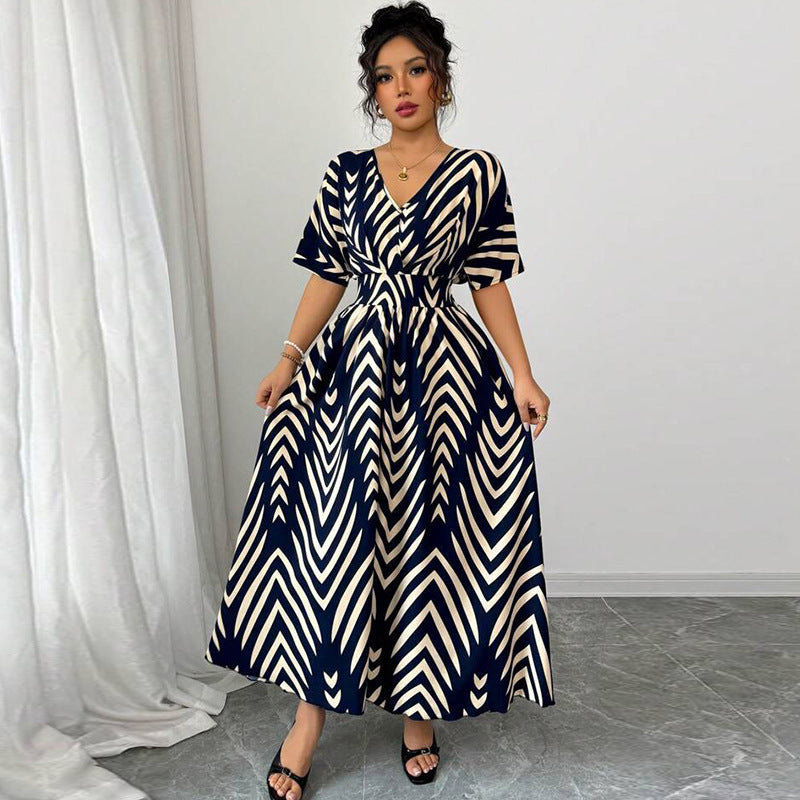 Long dress with short sleeves and fitted waist