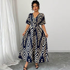 Long dress with short sleeves and fitted waist