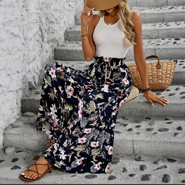 Pantalon léopard taille haute, coupe ample et fluide